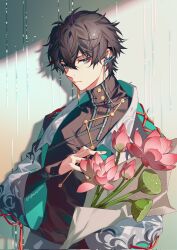 Rule 34 | 1boy, adapted costume, black hair, black shirt, bouquet, closed mouth, commentary, dan heng (honkai: star rail), earrings, eyeliner, flower, flower request, flyawaychan, green eyes, green shirt, highres, holding, holding bouquet, honkai: star rail, honkai (series), jewelry, layered sleeves, looking at viewer, male focus, open clothes, open shirt, pink flower, print shirt, red eyeliner, shirt, shirt under shirt, short hair, solo, symbol-only commentary, turtleneck, upper body, zipper
