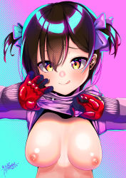 Rule 34 | :p, absurdres, blush, breasts, brown hair, clothes lift, highres, hololive, hood, hoodie, nipples, papino is skebe, roboco-san, shirt lift, short twintails, tongue, tongue out, twintails, virtual youtuber, yellow eyes