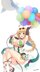 Rule 34 | 00s, 1girl, :d, ahoge, arm up, armpits, artist name, balloon, balloon vine (flower knight girl), bangle, baul (tales), blonde hair, blush, bracelet, braid, breasts, cleavage, elbow gloves, flower knight girl, gloves, goggles, goggles on head, green eyes, hair ornament, hair ribbon, heart, heart ahoge, heart balloon, highres, jewelry, kuro chairo no neko, large breasts, long hair, navel, open mouth, ribbon, rope, signature, simple background, single braid, smile, solo, tales of (series), tales of vesperia, twitter username, whale, white background