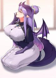 Rule 34 | 1girl, bead necklace, beads, black capelet, breasts, capelet, closed eyes, corset, dragon girl, dragon horns, dragon tail, dragon wings, dress, fellatio gesture, gem, gloves, hair bun, hair ornament, highres, homare (princess connect!), horns, jewelry, kourui, large breasts, long dress, long hair, necklace, pointy ears, princess connect!, purple gloves, purple hair, seiza, sexually suggestive, single hair bun, sitting, solo, tail, tongue, tongue out, very long hair, white dress, wings