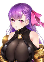 Rule 34 | 10s, 1girl, 28aarts, absurdres, bare shoulders, blush, breasts, claws, cleavage, fate/extra, fate/extra ccc, fate/grand order, fate (series), grey background, hair ribbon, highres, huge breasts, long hair, parted lips, passionlip (fate), pink ribbon, purple eyes, purple hair, ribbon, simple background, solo, upper body