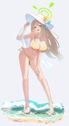 Rule 34 | absurdres, bikini, blue archive, breasts, cleavage, dusk wanshang, flower, front-tie bikini top, front-tie top, green eyes, halo, hat, hat flower, highres, jacket, large breasts, light brown hair, navel, nonomi (blue archive), nonomi (swimsuit) (blue archive), official alternate costume, sand, see-through, see-through jacket, side-tie bikini bottom, sun hat, swimsuit, waves, white hat, yellow bikini