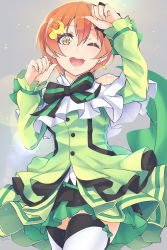 Rule 34 | 10s, 1girl, ;d, bare shoulders, bow, brown hair, crescent, crescent hair ornament, dress, earrings, green dress, hair ornament, highres, hoshizora rin, idol, jewelry, kira-kira sensation!, layered dress, long sleeves, looking at viewer, love live!, love live! school idol project, makita (twosidegekilove), one eye closed, open mouth, paw pose, short hair, smile, solo, thighhighs, white thighhighs, yellow eyes, zettai ryouiki