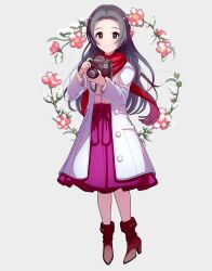Rule 34 | 1girl, ankle boots, black eyes, black hair, boots, brown sweater, camellia, camera, coat, egami tsubaki, flower, grey background, hair ribbon, holding, holding camera, ich., idolmaster, idolmaster cinderella girls, idolmaster cinderella girls starlight stage, long hair, long sleeves, purple skirt, red ribbon, red scarf, ribbon, scarf, simple background, skirt, smile, snow, solo, sweater, white coat