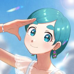 Rule 34 | 1girl, blue eyes, blue hair, blue sky, blurry, blurry background, blush, day, earrings, flower earrings, hand up, jewelry, lens flare, looking at viewer, original, outdoors, portrait, see-through, see-through sleeves, short hair, sinohira rin, sky, smile, solo, summer, thick eyebrows, wristband