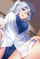 Rule 34 | 1girl, bed, bed frame, bed sheet, blue hair, blue one-piece swimsuit, blush, breasts, cameltoe, collared shirt, commentary request, eyebrows, groin, hair between eyes, hand on own thigh, huyumitsu, indoors, large breasts, long sleeves, looking at viewer, nose, on bed, one-piece swimsuit, open mouth, original, pillow, presenting, purple eyes, school swimsuit, see-through, shirt, side ponytail, sitting, solo, spread legs, swimsuit, swimsuit under clothes, thighs, unbuttoned, unbuttoned shirt, white shirt