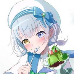 Rule 34 | 1girl, absurdres, bang dream!, bang dream! it&#039;s mygo!!!!!, blue bow, blue eyes, blue sailor collar, blush, bow, commentary request, food, food on face, hat, heterochromia, highres, holding, holding spoon, kaname raana, looking at viewer, official alternate hairstyle, parfait, sailor collar, shirt, short sleeves, short twintails, simple background, solo, spoon, twintails, upper body, utensil in mouth, white background, white garand, white hair, white hat, white shirt, yellow eyes