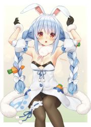 Rule 34 | 1girl, animal ear fluff, animal ears, armpits, artist name, bare shoulders, black gloves, black pantyhose, blue hair, blush, border, braid, breasts, carrot, carrot hair ornament, cleavage, coat, commentary request, don-chan (usada pekora), food-themed hair ornament, fur-trimmed coat, fur-trimmed gloves, fur trim, gloves, gradient background, hair between eyes, hair ornament, highres, hololive, leotard, looking at viewer, multicolored hair, open mouth, pantyhose, playboy bunny, rabbit ears, rabbit girl, red eyes, sidelocks, sitting, sleeveless, sleeveless coat, small breasts, solo, thick eyebrows, thigh strap, tokoshibyra, twin braids, two-tone hair, usada pekora, usada pekora (1st costume), virtual youtuber, white coat, white hair
