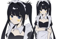 Rule 34 | 1girl, apron, black dress, black hair, blunt bangs, blush, cleavage cutout, closed mouth, clothing cutout, collared dress, cowboy shot, dress, frilled apron, frills, highres, holding own arm, inu dakisime, long bangs, long hair, looking at viewer, maid, maid headdress, multiple views, original, sidelocks, simple background, solo, twintails, very long hair, white apron, white background