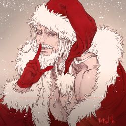 Rule 34 | 1boy, bara, beard, christmas, facial hair, finger to mouth, fur-trimmed jacket, fur trim, gloves, hat, highres, i reibun, jacket, large pectorals, long beard, long hair, looking at viewer, male focus, mature male, muscular, muscular male, mustache, nipples, old, old man, open clothes, open jacket, original, pectoral cleavage, pectorals, red gloves, red jacket, revision, santa costume, santa hat, shushing, single bare shoulder, solo, upper body, white hair