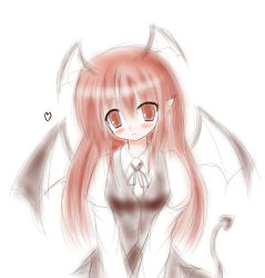Rule 34 | 1girl, bad id, bad pixiv id, bat wings, embodiment of scarlet devil, female focus, heart, koakuma, long hair, pointy ears, red eyes, red hair, sinra (rakuto), solo, standing, tail, touhou, white background, wings