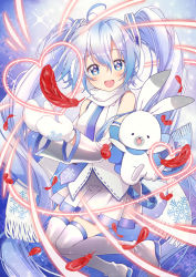 Rule 34 | 1girl, :d, blue background, blue bow, blue eyes, blue neckwear, bow, feathers, hair between eyes, hatsune miku, heart, kawanobe, looking at viewer, mittens, necktie, open mouth, rabbit, rabbit yukine, red feathers, scarf, silver hair, smile, thighhighs, twintails, vocaloid, white scarf, white thighhighs, yuki miku
