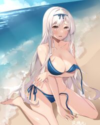 Rule 34 | 1girl, beach, bikini, breasts, brown eyes, collarbone, commentary request, full body, highres, kantai collection, kukimaru, large breasts, long hair, looking at viewer, ocean, outdoors, sand, shoukaku (kancolle), solo, swimsuit, very long hair