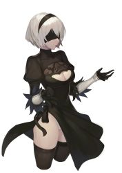 Rule 34 | 1girl, black dress, black thighhighs, blindfold, breasts, cleavage, cleavage cutout, clothing cutout, dress, feather-trimmed sleeves, hairband, highres, jam (nandade), leotard, leotard under clothes, nier (series), nier:automata, parted lips, short hair, side slit, silver hair, simple background, solo, thighhighs, thighs, upper body, white background, 2b (nier:automata)