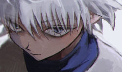 Rule 34 | 1boy, bad id, bad pixiv id, bags under eyes, blue eyes, empty eyes, expressionless, hunter x hunter, killua zoldyck, looking at viewer, male focus, portrait, solo, torohiko, white background, white hair