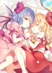 Rule 34 | 2girls, :o, ;3, ascot, bare legs, bat wings, blonde hair, bow, brooch, fang, flandre scarlet, hair ribbon, half-closed eye, holding hands, jewelry, long hair, lying, miniskirt, multiple girls, no headwear, on side, one eye closed, paragasu (parags112), petals, pink ascot, pink bow, pink ribbon, pink skirt, puffy short sleeves, puffy sleeves, red eyes, red ribbon, red skirt, remilia scarlet, ribbon, short sleeves, siblings, side ponytail, sisters, skirt, sleeping, smile, socks, touhou, uneven eyes, white legwear, wings, wrist cuffs, yellow ascot
