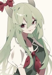 Rule 34 | 1girl, bad id, bad twitter id, blouse, bow, commentary, dress, ex-keine, green dress, green hair, hair between eyes, highres, horn ornament, horn ribbon, horns, kamishirasawa keine, long hair, looking at viewer, neck ribbon, open mouth, puffy short sleeves, puffy sleeves, red bow, red eyes, red ribbon, ribbon, shirt, short sleeves, sidelocks, solo, touhou, white shirt, xx asui