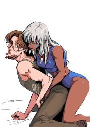 1boy 1girl atlantis:_the_lost_empire black-framed_eyewear blue_bra blue_panties bra brown_hair brown_pants dark-skinned_female dark_skin from_side glasses grabbing_from_behind grey_tank_top hand_on_another&#039;s_chin highres kidagakash kneeling long_hair looking_at_another looking_back milo_james_thatch panties pants round_eyewear short_hair simple_background tank_top underwear white_background white_hair