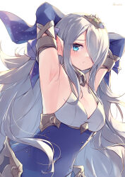 Rule 34 | 1girl, :o, absurdres, armpits, arms behind head, blue dress, blue eyes, breasts, collar, commentary request, dress, duel monster, fins, grey hair, hair ornament, hair over one eye, head fins, highres, kanzakietc, light, long hair, metal collar, siren (mythology), sleeves past fingers, sleeves past wrists, small breasts, solo, tearlaments havnis, yu-gi-oh!
