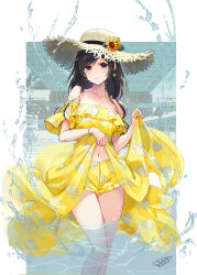 Rule 34 | 1girl, bare shoulders, black hair, breasts, brown hat, closed mouth, clothes lift, collarbone, dated, dress, dress lift, earrings, feet out of frame, flower, frilled shorts, frills, hat, hat flower, highres, jewelry, large breasts, lifted by self, long hair, looking at viewer, navel, original, red eyes, sanbasou, short shorts, shorts, shorts under dress, signature, smile, solo, standing, strapless, strapless dress, straw hat, sunflower, water, yellow dress, yellow flower, yellow shorts