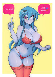 Rule 34 | 1girl, ?, absurdres, blue hair, blush, bra, breasts, cleavage, cowboy shot, curvy, english text, expressionless, hair ornament, hairclip, highres, index finger raised, large breasts, long hair, lucy (lucyfer), lucyfer, meme, navel, original, panties, red bra, red eyes, red panties, shiny skin, unworn shirt, simple background, solo, standing, thighhighs, thighs, thong, twitter strip game (meme), underwear, underwear only, very long hair, wide hips, yellow background