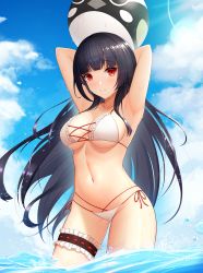 Rule 34 | 1girl, abeen jhong, armpits, arms up, ball, beachball, bikini, black hair, blue sky, blunt bangs, breasts, cloud, collarbone, cowboy shot, day, floating hair, gluteal fold, highres, large breasts, long hair, looking at viewer, medium breasts, mixed-language commentary, navel, ocean, original, parted lips, red eyes, side-tie bikini bottom, sky, solo, splashing, stomach, sunlight, swimsuit, thigh strap, very long hair, water, water drop, wet