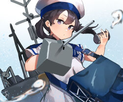 Rule 34 | 1girl, bag, black hair, blue collar, blue sailor collar, collar, cowboy shot, depth charge, dress, gradient background, hat, highres, holding, kantai collection, looking at viewer, machinery, purple eyes, sailor collar, sailor dress, sailor hat, short hair, short sleeves, shounan (kancolle), solo, sunday aki, twintails, white dress, white hat