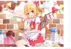 Rule 34 | 1girl, 6u (eternal land), :d, absurdres, apron, arm up, ascot, bag, balloon, blonde hair, blush, book, bow, bowl, bowtie, box, cake, chef hat, confetti, dated, egg, fang, feet out of frame, flandre scarlet, food, frilled apron, frilled shirt collar, frills, gift, gift box, green bow, green neckwear, hair between eyes, hair ribbon, happy valentine, hat, heart, heart balloon, highres, holding, holding bowl, huge filesize, indoors, looking at viewer, maid apron, maid headdress, milk carton, miniskirt, open mouth, page number, paper bag, petticoat, puffy short sleeves, puffy sleeves, red eyes, red ribbon, red skirt, red vest, ribbon, scan, shirt, short sleeves, sitting, skirt, skirt set, smile, solo, spoon, string of flags, stuffed animal, stuffed toy, teddy bear, thighs, touhou, vest, waist apron, weighing scale, whisk, white apron, white shirt, wrist cuffs, yellow neckwear