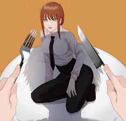 Rule 34 | 1girl, 4chi, black necktie, blouse, braid, braided ponytail, chainsaw man, collared shirt, cutlery, formal, highres, makima (chainsaw man), necktie, plate, red hair, ringed eyes, shadow, shirt, simple background, suit, white shirt, yellow background, yellow eyes