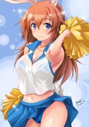 Rule 34 | 1girl, alternate costume, animal ears, arm up, artist name, blue panties, blue skirt, breasts, brown eyes, brown hair, charlotte e. yeager, cheerleader, cleavage, closed mouth, commentary request, cowboy shot, haruhata mutsuki, holding, long hair, looking at viewer, medium breasts, midriff, miniskirt, navel, panties, pantyshot, pleated skirt, pom pom (cheerleading), rabbit ears, rabbit girl, shirt, signature, skirt, sleeveless, sleeveless shirt, smile, solo, standing, strike witches, sweat, twitter username, underwear, white shirt, world witches series