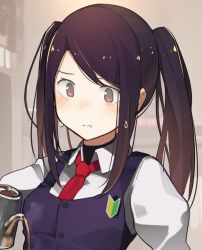Rule 34 | 1girl, bar (place), bartender, blush, breasts, brown hair, cafe, can, chair, close-up, closed eyes, closed mouth, coffee, coffee cup, collared shirt, cup, disposable cup, fuu fuu, girls&#039; frontline, holding, indoors, jill stingray, long hair, long sleeves, multicolored hair, necktie, nervous, pouring, purple hair, red eyes, red necktie, shirt, shoshinsha mark, sidelocks, small breasts, solo, standing, sweat, twintails, upper body, va-11 hall-a, waistcoat, white shirt