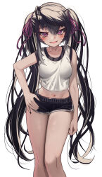 Rule 34 | 1girl, absurdres, black hair, black shorts, breasts, commission, hair ribbon, hand on own hip, highres, long hair, looking at viewer, medium breasts, midriff, navel, open mouth, original, priite hari (torriet), purple eyes, ribbon, shirt, short shorts, shorts, simple background, smile, solo, thighs, torriet, very long hair, white background, white shirt