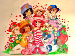 Rule 34 | 1boy, 6+girls, :3, afro, afro puffs, angel cake (sbsc), apple dumplin&#039; (sbsc), artfrog75, baby, backwards hat, baseball cap, black hair, blonde hair, blue eyes, blunt bangs, bob cut, bonnet, bow, brown eyes, brown hair, bubble ponytail, bush, cake, cat, child, clothes around waist, custard (sbsc), dark skin, denim, dog, everyone, flower, food, frown, fruit, ginger snap (sbsc), green eyes, grin, group picture, hat, hat bow, hat ribbon, heart, hiding, huckleberry pie (sbsc), jeans, kneeling, multiple girls, one eye closed, orange (fruit), orange blossom (sbsc), overalls, pants, peppermint, peppermint fizz (sbsc), pink cat, pupcake (sbsc), red hair, ribbon, shirt, shirt around waist, short hair, short twintails, smile, smirk, strawberry, strawberry blonde, strawberry shortcake, strawberry shortcake (2003 show), strawberry shortcake (copyright), strawberry shortcake (sbsc), striped clothes, striped shirt, sweater, traditional media, twintails, worried