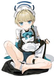 Rule 34 | 1girl, aged down, barefoot, blonde hair, blue archive, blue bow, blue bowtie, blue eyes, blue halo, blue leotard, bow, bowtie, closed mouth, full body, halo, highres, knee up, knees apart feet together, leotard, leotard under clothes, looking at viewer, maid, maid headdress, panties, short hair, simple background, sitting, solo, spread legs, toes, toki (blue archive), underwear, white background, yuki hotaru