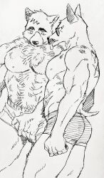 Rule 34 | 2boys, :p, abs, animal ears, bara, billy russell (dickfish), boxer briefs, boxers, couple, covering crotch, covering privates, crotch grab, dickfish (fishismdick), dog boy, dog ears, facial hair, fluffy, fox boy, fox tail, from below, furrification, furry, furry male, furry with furry, glasses, highres, john rottweil (dickfish), large pectorals, male focus, male underwear, mature male, multiple boys, muscular, muscular male, mustache, original, pectorals, scan, short hair, short tail, sketch, stomach, tail, thick eyebrows, thick thighs, thighs, tongue, tongue out, topless male, traditional media, underwear, yaoi