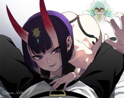 Rule 34 | 1boy, 2girls, ass, between legs, blue hair, breasts, cleavage, commentary request, fate/grand order, fate (series), fujimaru ritsuka (male), hair ornament, horns, kaidou j1, kiyohime (fate), long hair, looking at viewer, lying, multiple girls, on back, oni, pov, purple eyes, short hair, shuten douji (fate), skin-covered horns, small breasts, smile, sweatdrop, teeth, yellow eyes