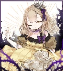Rule 34 | 1girl, black border, blonde hair, border, bow, braid, briar rose (sinoalice), crown, dress, elbow gloves, flower, gloves, hair ribbon, highres, looking at viewer, off shoulder, one eye closed, open mouth, plant, puffy short sleeves, puffy sleeves, ribbon, rose, short hair, short sleeves, side ponytail, simple background, sinoalice, sketch, solo, sonori, thorns, vines, white flower, white gloves, white rose, yellow eyes
