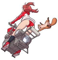 Rule 34 | 1girl, ahoge, ass, bad id, bad pixiv id, buruma, converse, erotibot, from behind, from below, hover bike, isshiki akane, jacket, otter, red buruma, red hair, scrunchie, shoes, short twintails, sneakers, socks, solo, track jacket, transparent background, twintails, uso-kun, vividred operation