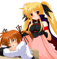 Rule 34 | 00s, 2girls, :o, armlet, bare shoulders, blanket, blonde hair, blush, breasts, brown hair, chair, covering with blanket, dress, fate testarossa, long hair, long sleeves, lyrical nanoha, mahou shoujo lyrical nanoha, mahou shoujo lyrical nanoha a&#039;s, multiple girls, parted lips, red eyes, skin tight, sleeping, table, takamachi nanoha, twintails, uniform, very long hair, white dress