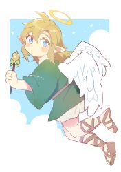 Rule 34 | 1boy, angel, angel wings, blonde hair, blue background, blue eyes, closed mouth, commentary request, cosplay request, feathered wings, from side, full body, green shirt, halo, hand up, highres, holding, link, long hair, long sleeves, looking at viewer, male focus, nintendo, pointy ears, sandals, shirt, solo, staff, the legend of zelda, ttanuu., white background, white wings, wide sleeves, wings