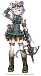 Rule 34 | 1girl, age of ishtaria, ahoge, animal ears, arrow (projectile), ascot, bag, belt, boots, bow (weapon), chain, company name, copyright notice, cross-laced footwear, crossbow, dress, eyebrows, full body, garter straps, goggles, goggles on head, hair between eyes, hand on own head, handbag, highres, holding, holding weapon, lace-up boots, long hair, mouse (animal), mouse ears, namaru (summer dandy), official art, open mouth, short hair with long locks, silver hair, simple background, solo, steampunk, sunset, thighhighs, toki no ishutaria, twintails, weapon, white background, white thighhighs, yellow eyes