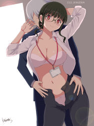 Rule 34 | 1boy, 1girl, anosillus ii, anti (ssss.gridman), black hair, black pants, blue jacket, bra, breasts, cleavage, commentary request, formal, glasses, gridman universe, jacket, long sleeves, looking at viewer, name tag, navel, niwatori kokezou, open clothes, open shirt, panties, pants, pink bra, pink panties, red eyes, shirt, signature, silver hair, smle, ssss.dynazenon, suit, underwear, unzipped, white shirt