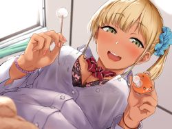 Rule 34 | 1girl, aoi tiduru, blonde hair, blue scrunchie, blurry, blush, bow, bowtie, bra, bracelet, breasts, brown eyes, buttons, collared shirt, commentary request, depth of field, from behind, gyaru, hair ornament, hair scrunchie, holding, indoors, jewelry, kogal, large breasts, looking at viewer, mimikaki, nail polish, open mouth, original, pacifier, pink nails, red bow, red bowtie, school uniform, scrunchie, shirt, side ponytail, solo, teeth, unbuttoned, underwear, upper body, upper teeth only, white shirt