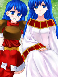 Rule 34 | 2girls, 74, :d, armor, armored dress, blue eyes, blue hair, blush, boots, caeda (fire emblem), dress, elbow gloves, elice (fire emblem), fire emblem, fire emblem: mystery of the emblem, gloves, long hair, multiple girls, nintendo, open mouth, red dress, red legwear, robe, shoulder armor, sisters-in-law, smile, pauldrons, thighhighs