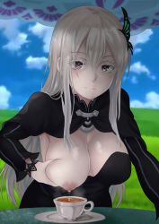 Rule 34 | 1girl, absurdres, black capelet, black dress, blue sky, breasts, breasts out, breasts squeezed together, butterfly hair ornament, capelet, closed mouth, cloud, colored eyelashes, conray, cup, dress, echidna (re:zero), grabbing, grabbing another&#039;s breast, hair between eyes, hair ornament, hair over shoulder, highres, lactating into container, lactation, large breasts, long hair, looking at viewer, milk, milking, nipples, one breast out, purple eyes, re:zero kara hajimeru isekai seikatsu, shiny skin, silver hair, sky, smile, solo focus, striped clothes, striped dress, table, teacup, vertical-striped clothes, vertical-striped dress, witch