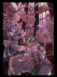 Rule 34 | 6+girls, apron, backlighting, bandages, bat wings, black border, bloomers, book, border, chinese clothes, dress, flandre scarlet, floating, framed, fuyunotete, garter straps, green beret, green hat, hat, highres, hong meiling, izayoi sakuya, jpeg artifacts, knife, koakuma, long hair, looking at viewer, maid, maid apron, maid headdress, moon, moonlight, multiple girls, night, open book, pants, parted bangs, patchouli knowledge, remilia scarlet, short hair, sitting, striped clothes, striped dress, striped legwear, striped thighhighs, thighhighs, touhou, underwear, vertical-striped clothes, vertical-striped dress, vertical-striped legwear, vertical-striped thighhighs, waist apron, white pants, wings