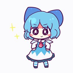Rule 34 | 1girl, ascot, blue bow, blue dress, blue hair, bow, cirno, collared shirt, dress, frilled dress, frills, full body, hair bow, hands on own hips, highres, pinafore dress, red ascot, shirt, simple background, sleeveless, sleeveless dress, smile, solo, sparkle, striped clothes, striped thighhighs, thighhighs, touhou, white background, white shirt, wings, yamadakyou kurotan