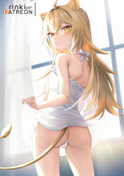 Rule 34 | 1girl, :/, ahoge, animal ears, ass, bare shoulders, blonde hair, blush, bow, closed mouth, clothes lift, cowboy shot, curtains, dress, dress lift, frilled dress, frills, halter dress, halterneck, highres, indie virtual youtuber, lifted by self, lion girl, lion tail, lo xueming, looking at viewer, looking back, panties, patreon username, rurudo lion, rurudo lion (1st costume), see-through, shoulder blades, side-tie panties, sleeveless, sleeveless dress, solo, string panties, tail, thighs, underwear, virtual youtuber, white bow, white panties, window, yellow eyes