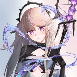 Rule 34 | 1girl, arknights, black gloves, blue eyes, breasts, choker, closed mouth, gloves, grey hair, hand up, holding, holding staff, indigo (arknights), long hair, long sleeves, looking at viewer, pointy ears, small breasts, solo, staff, upper body, water, white background, zoffyshiniki