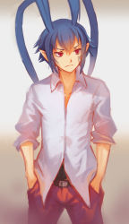 Rule 34 | 1boy, antenna hair, blue hair, cowboy shot, disgaea, hands in pockets, highres, laharl, male focus, aged up, pointy ears, red eyes, shirt, softmode, solo